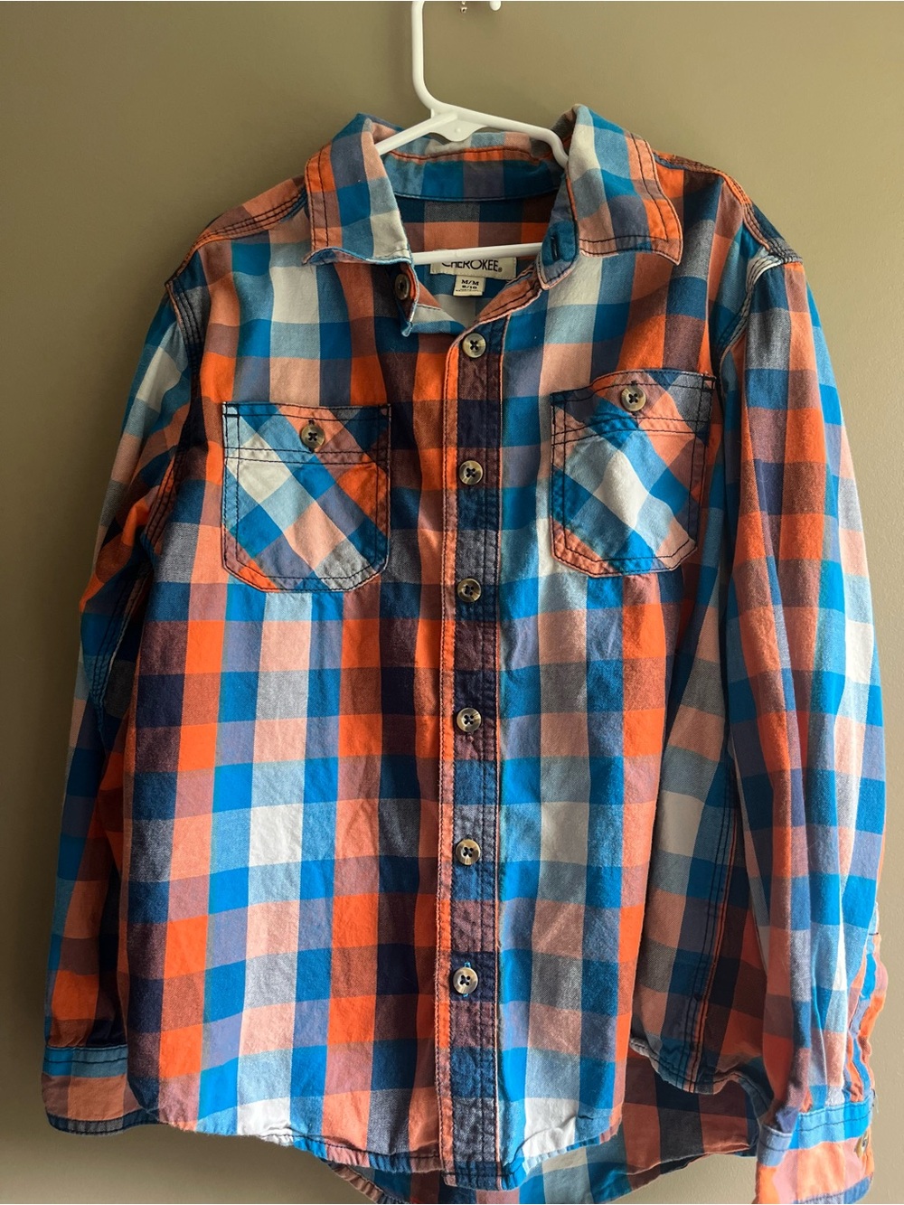 Cherokee Blue & Orange Plaid Button-Down Shirt medium 8-10 kids